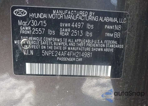 2015 Hyundai Sonata Se из США, поврежденный, VIN 5NPE24AF4FH214981